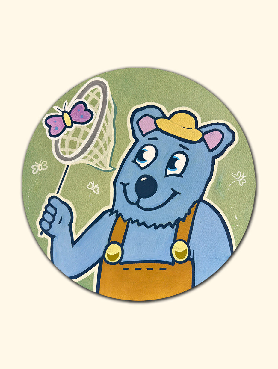 Playful Bear Art – Chasing Butterflies Original Round Canvas Painting