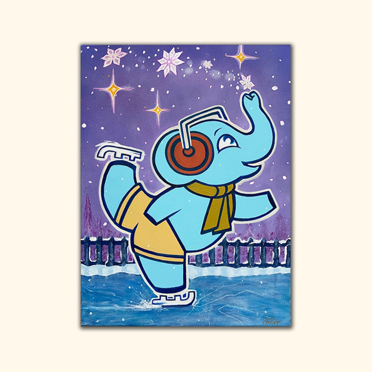Elephant Art – Winter Ice Skater Original Canvas Painting