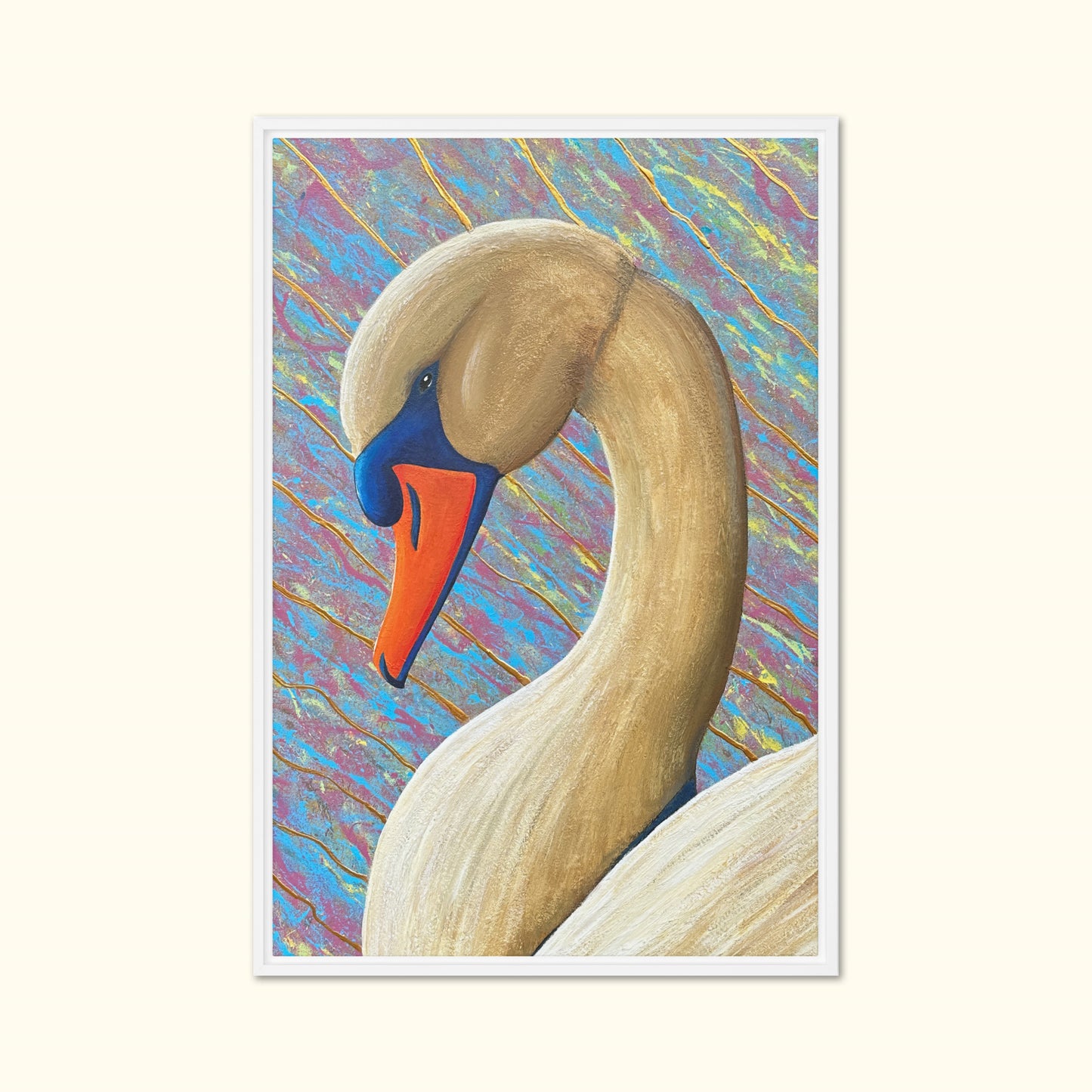Arte de cisne enmarcado: lienzo con colores llamativos y elegancia del cisne