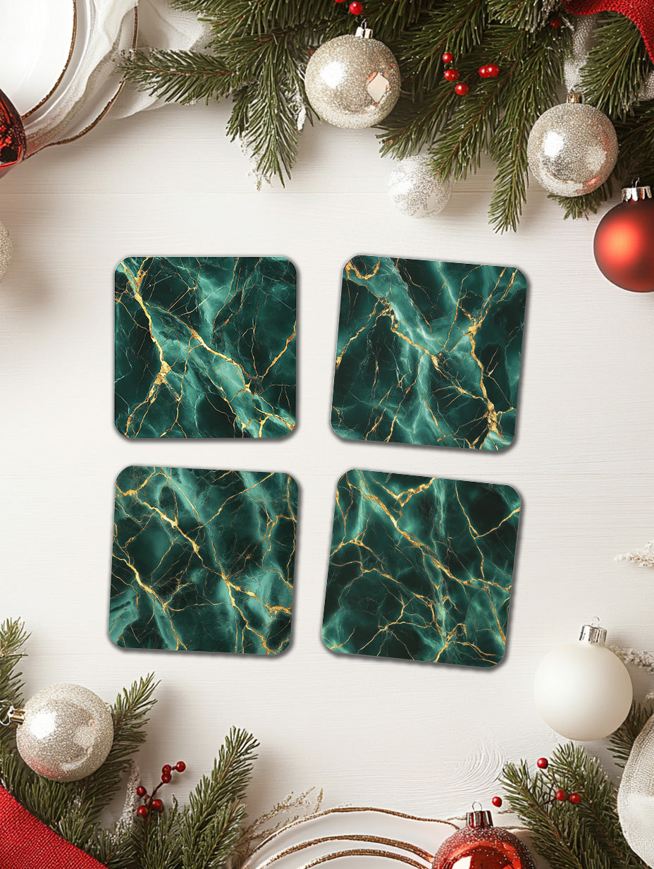 Green Gold Marble Coaster Set with Gold Detail – Luxury Cork Coasters (Set of 4)