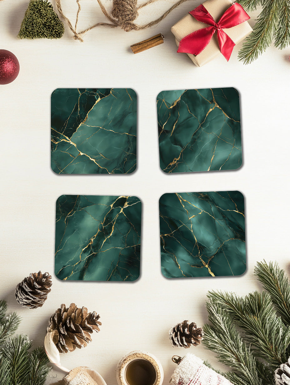 Green Elegance Gold Marble Coaster Set with Gold Detail – Luxury Cork Coasters (Set of 4)