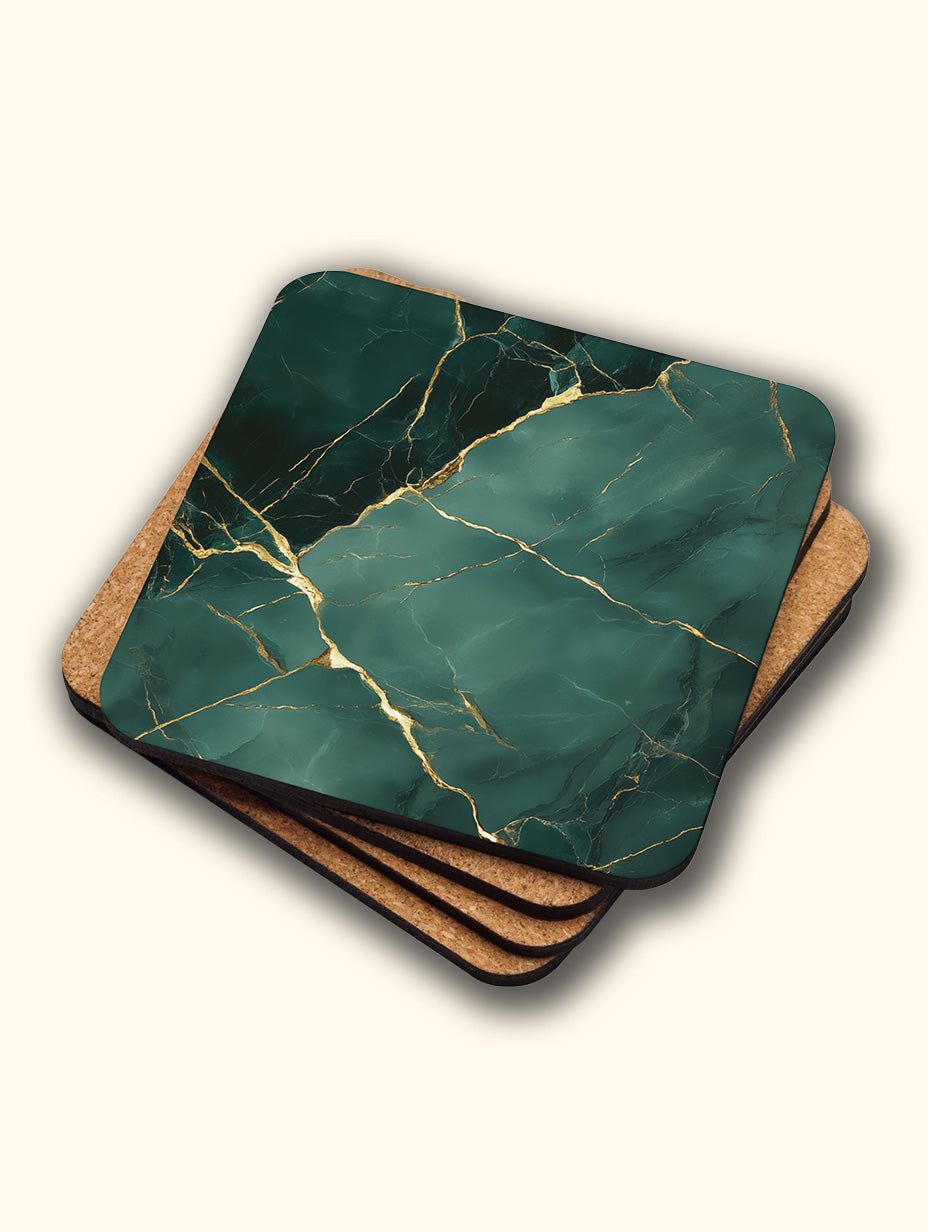 Green Elegance Gold Marble Coaster Set with Gold Detail – Luxury Cork Coasters (Set of 4)