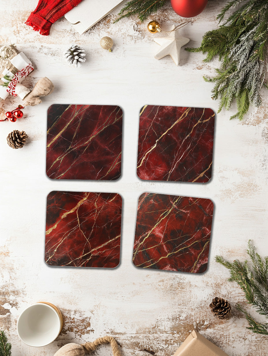 Rosso Levanto Red Marble Coaster Set with Gold Detail – Luxury Cork Coasters (Set of 4)