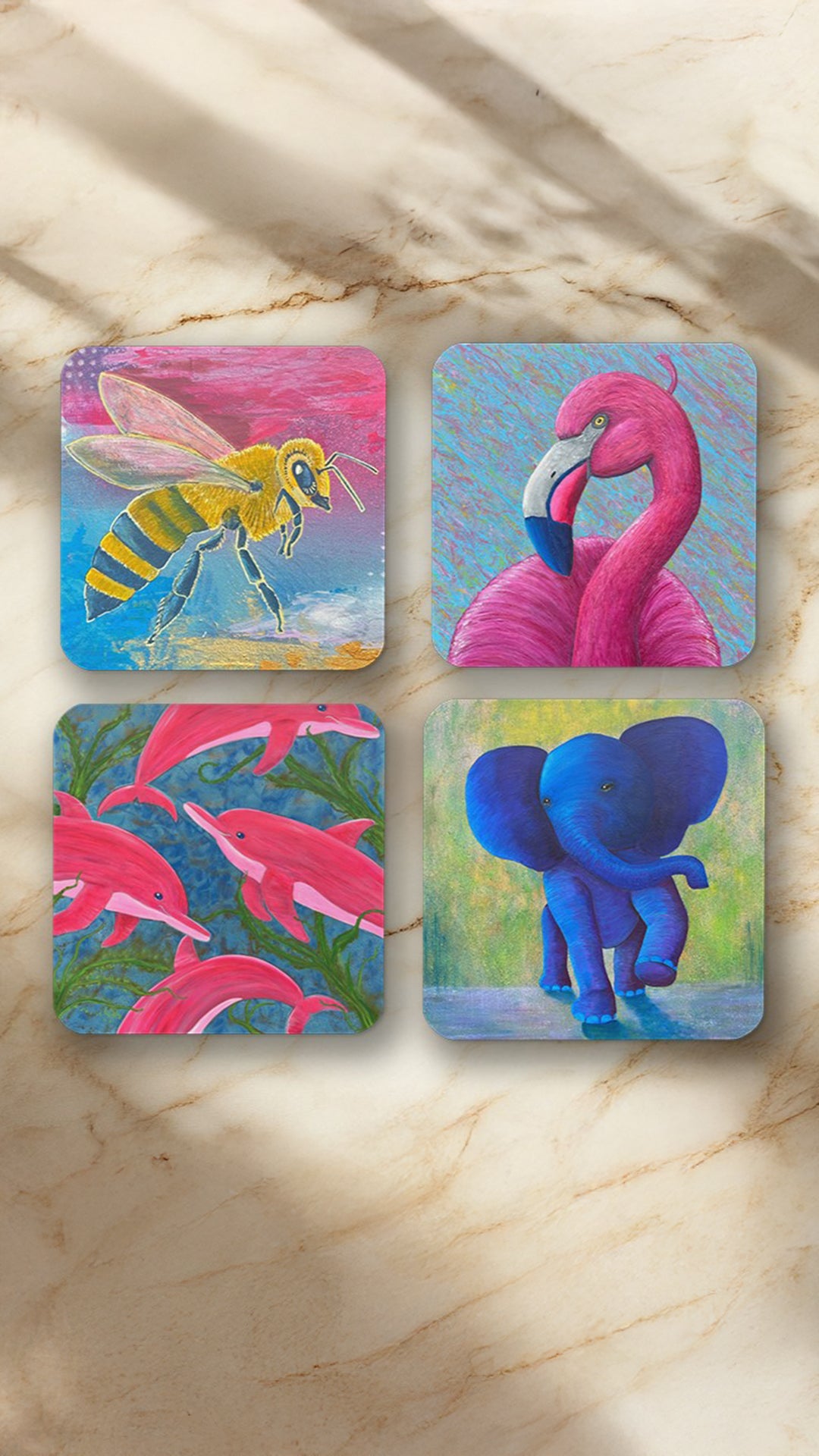 Vesano Wildlife Untersetzer-Set – Biene, Flamingo, Delfine und Elefantenbaby