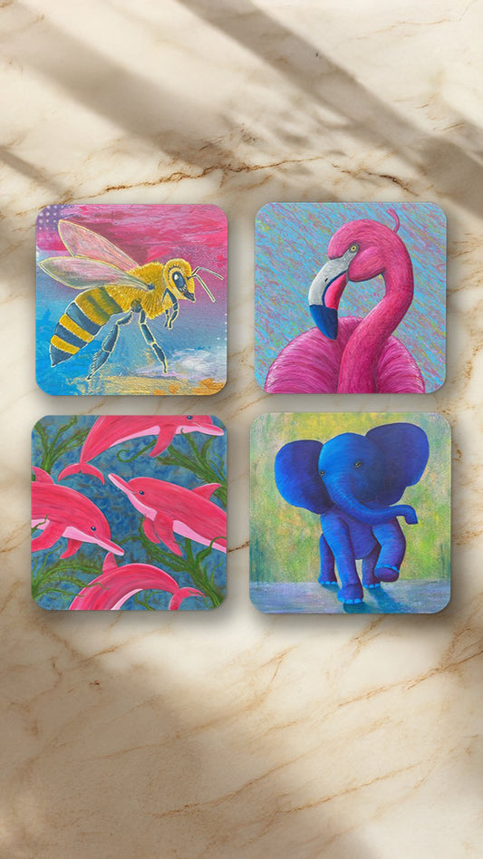 Vesano Wildlife Coaster Set – Bee, Flamingo, Dolphins & Baby Elephant