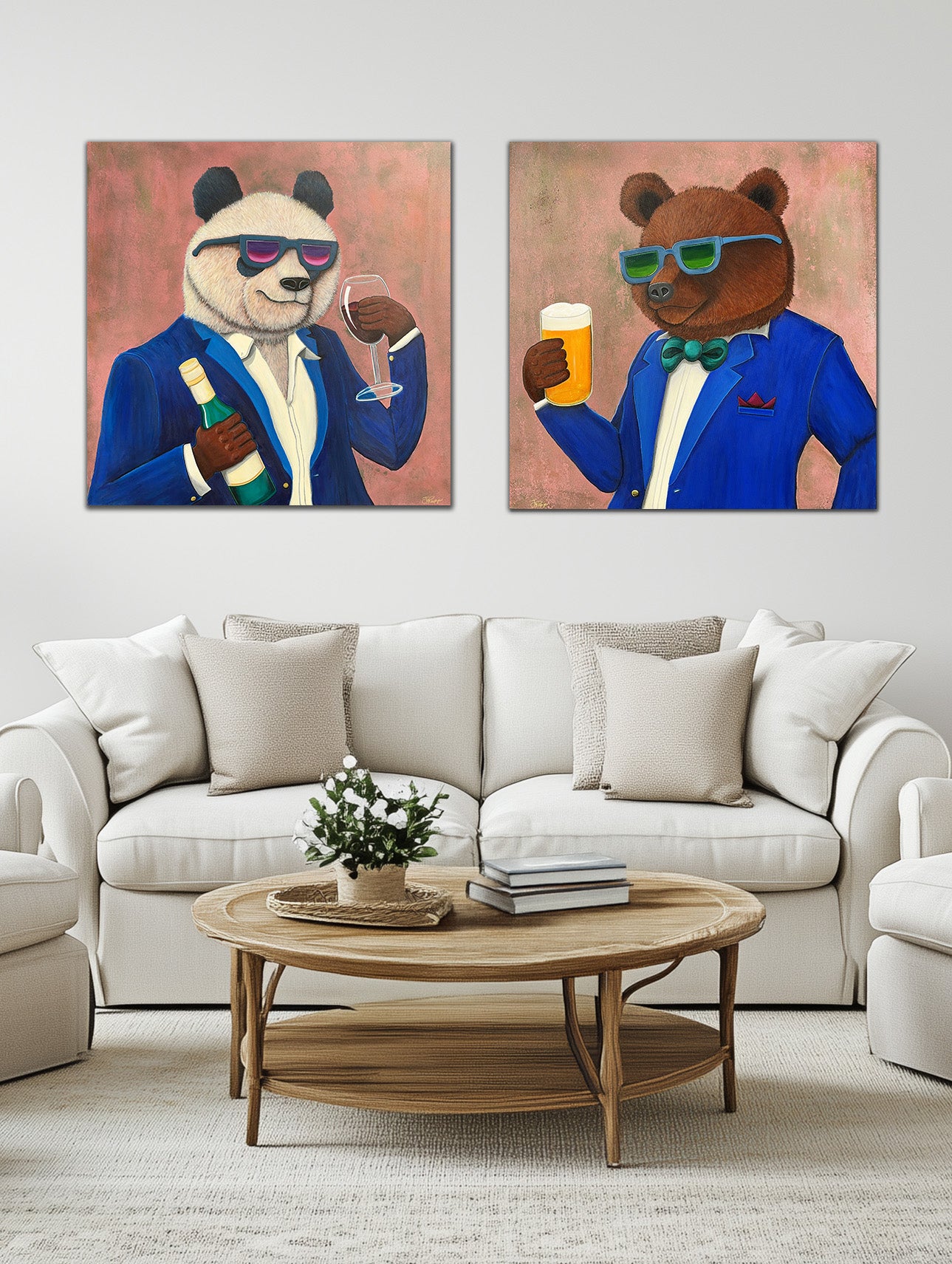 Panda &amp; Bear Art: pintura original en lienzo con colores llamativos