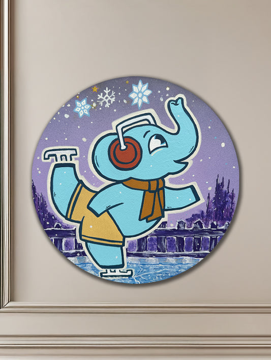 Arte de elefantes: pintura redonda original sobre lienzo de un elefante patinando sobre hielo