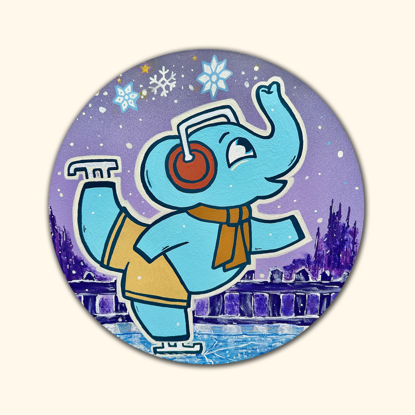 Elephant Art – Ice Skating Elephant Original Round Canvas Painting