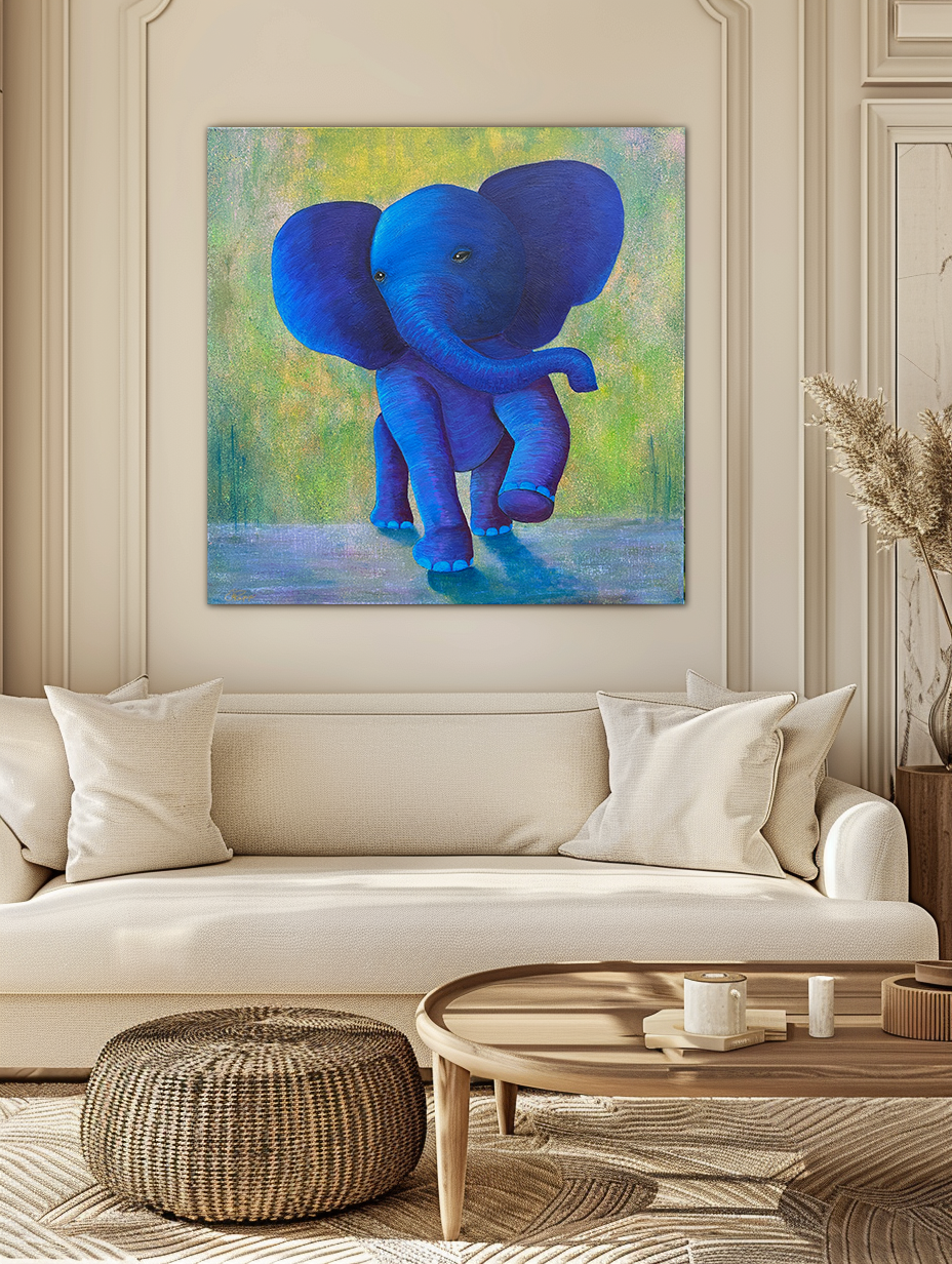 Arte de elefante bebé juguetón: pintura original en lienzo del niño interior