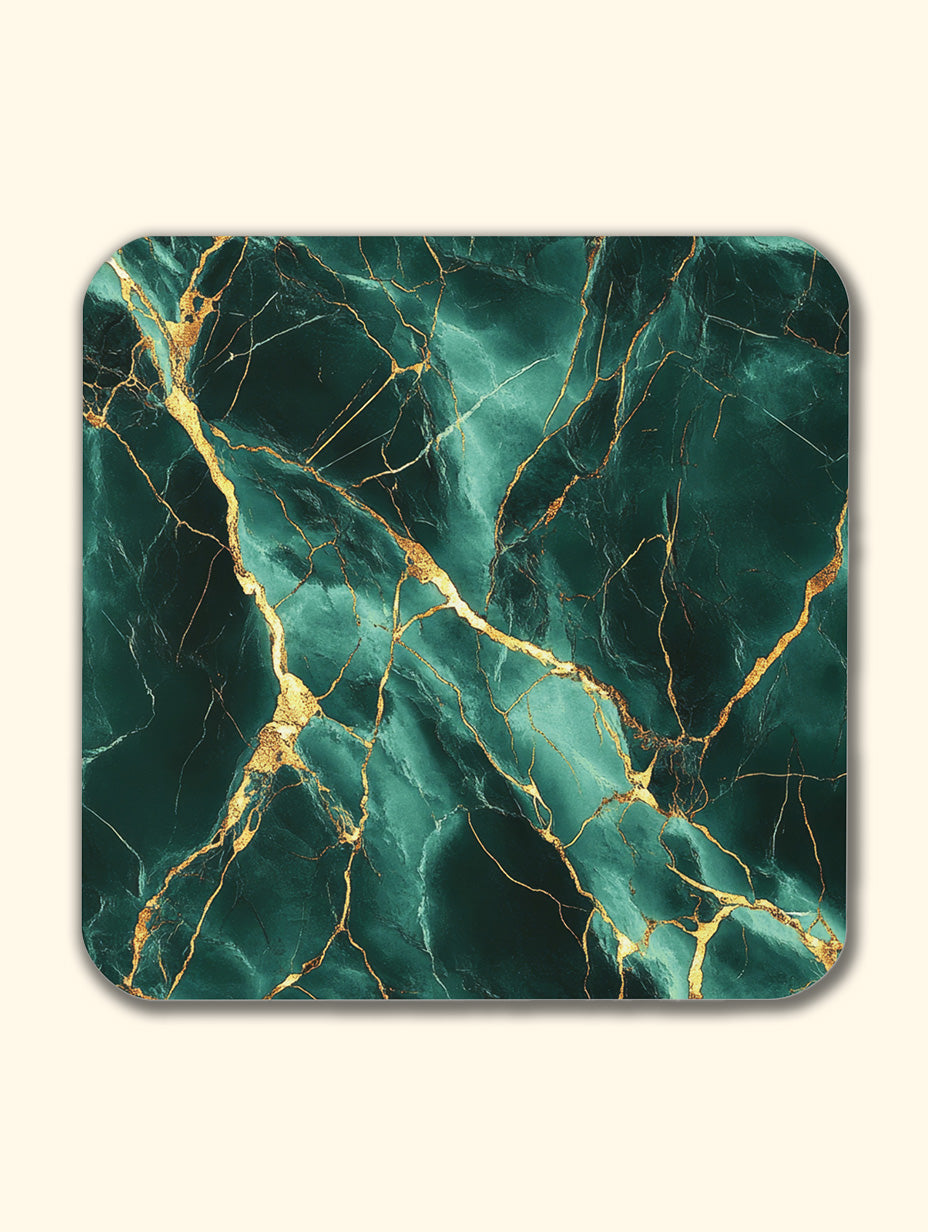 Green Gold Marble Coaster Set with Gold Detail – Luxury Cork Coasters (Set of 4)