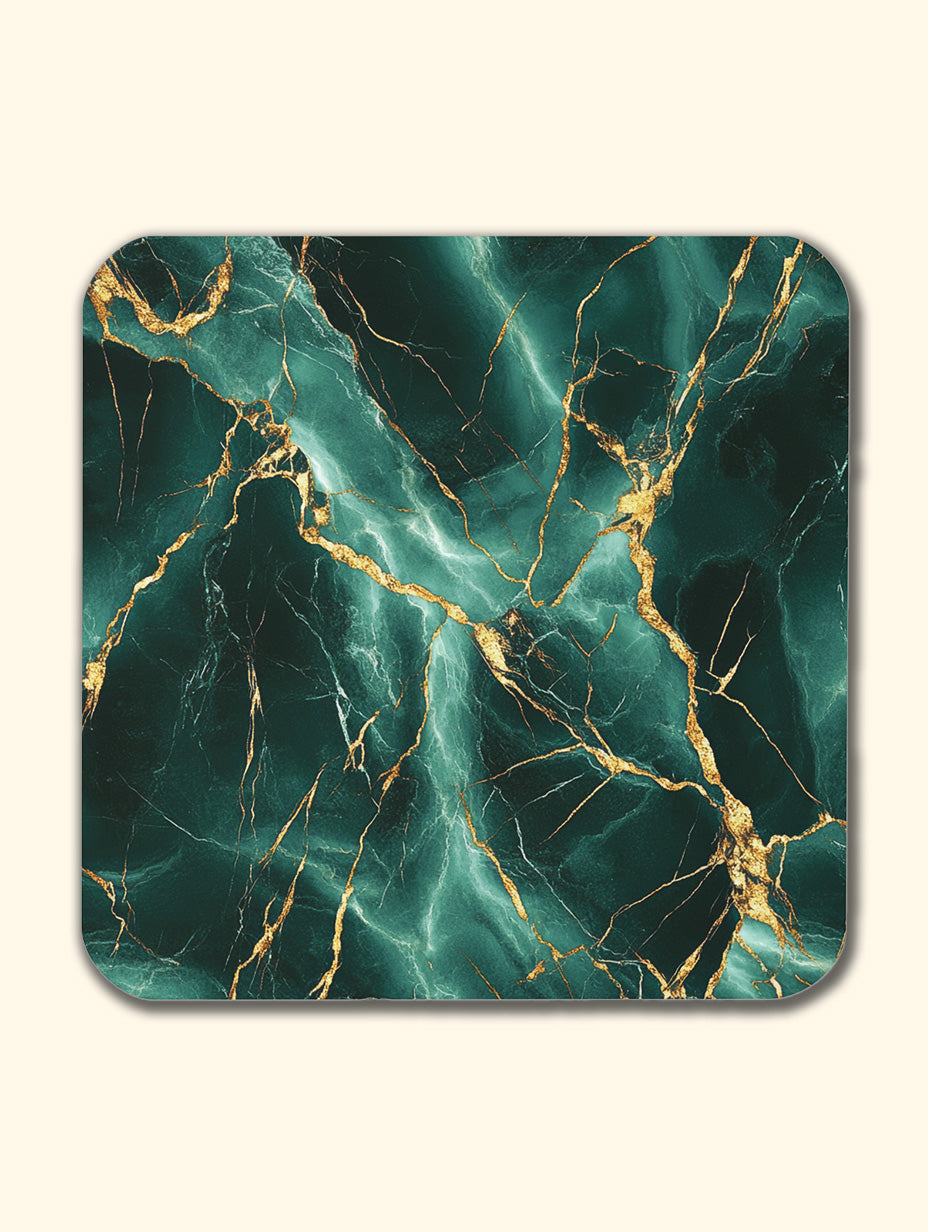 Green Gold Marble Coaster Set with Gold Detail – Luxury Cork Coasters (Set of 4)