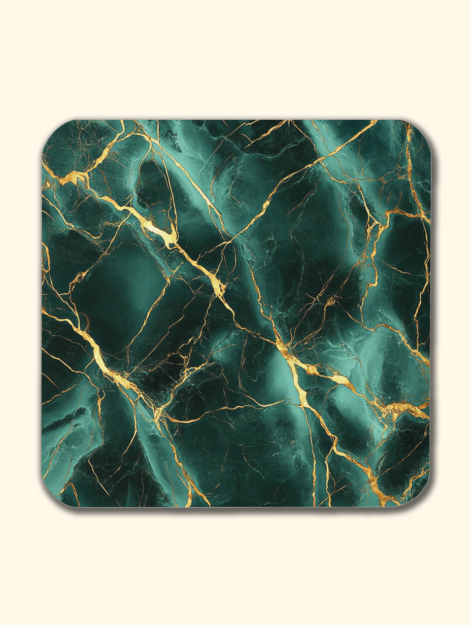 Green Gold Marble Coaster Set with Gold Detail – Luxury Cork Coasters (Set of 4)