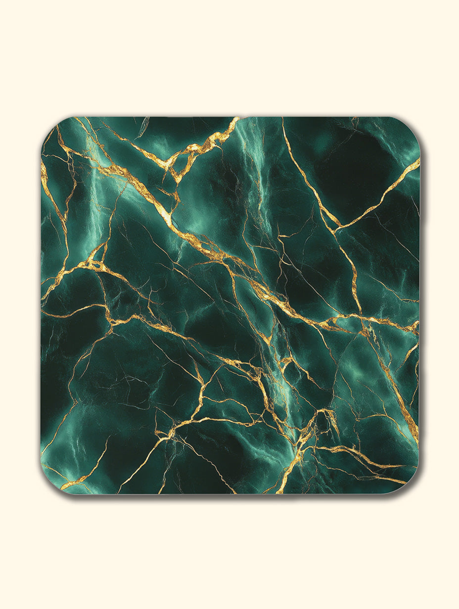 Green Gold Marble Coaster Set with Gold Detail – Luxury Cork Coasters (Set of 4)