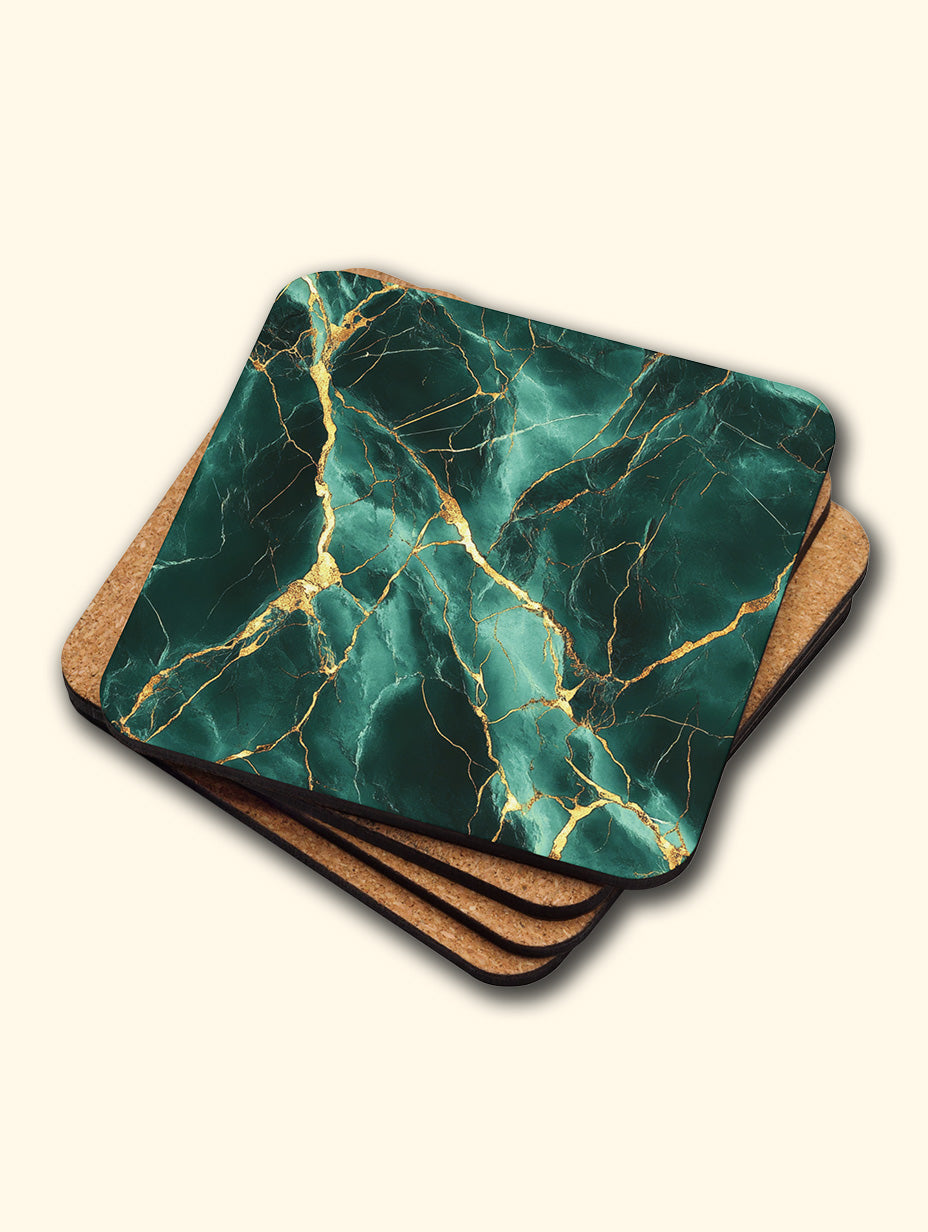 Green Gold Marble Coaster Set with Gold Detail – Luxury Cork Coasters (Set of 4)