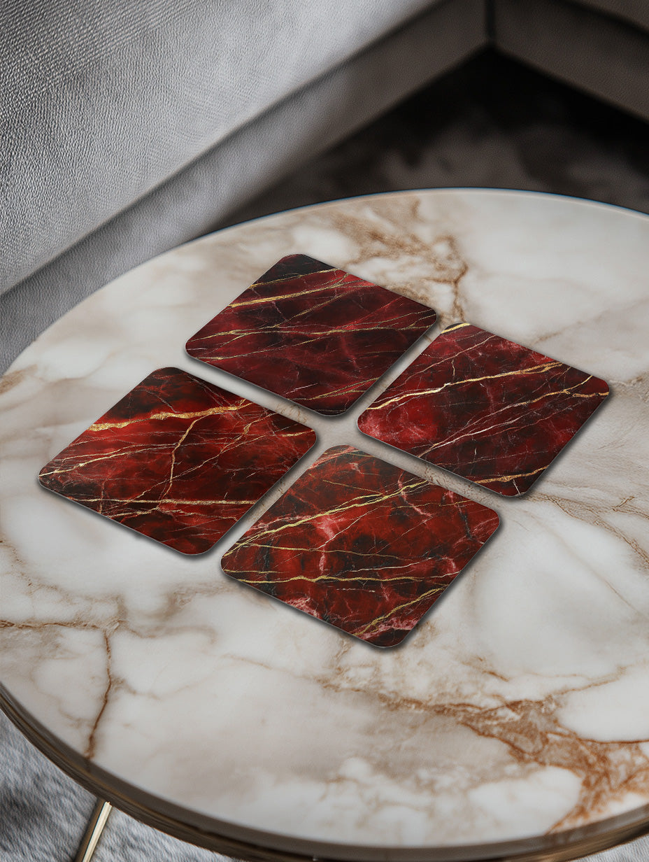 Rosso Levanto Red Marble Coaster Set with Gold Detail – Luxury Cork Coasters (Set of 4)