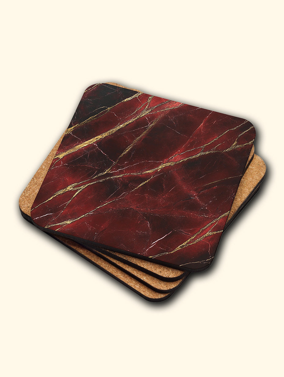 Rosso Levanto Red Marble Coaster Set with Gold Detail – Luxury Cork Coasters (Set of 4)