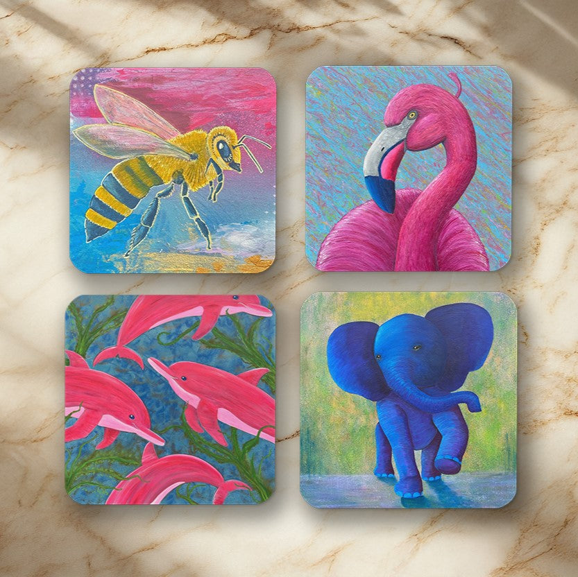 Vesano Wildlife Coaster Set – Bee, Flamingo, Dolphins & Baby Elephant