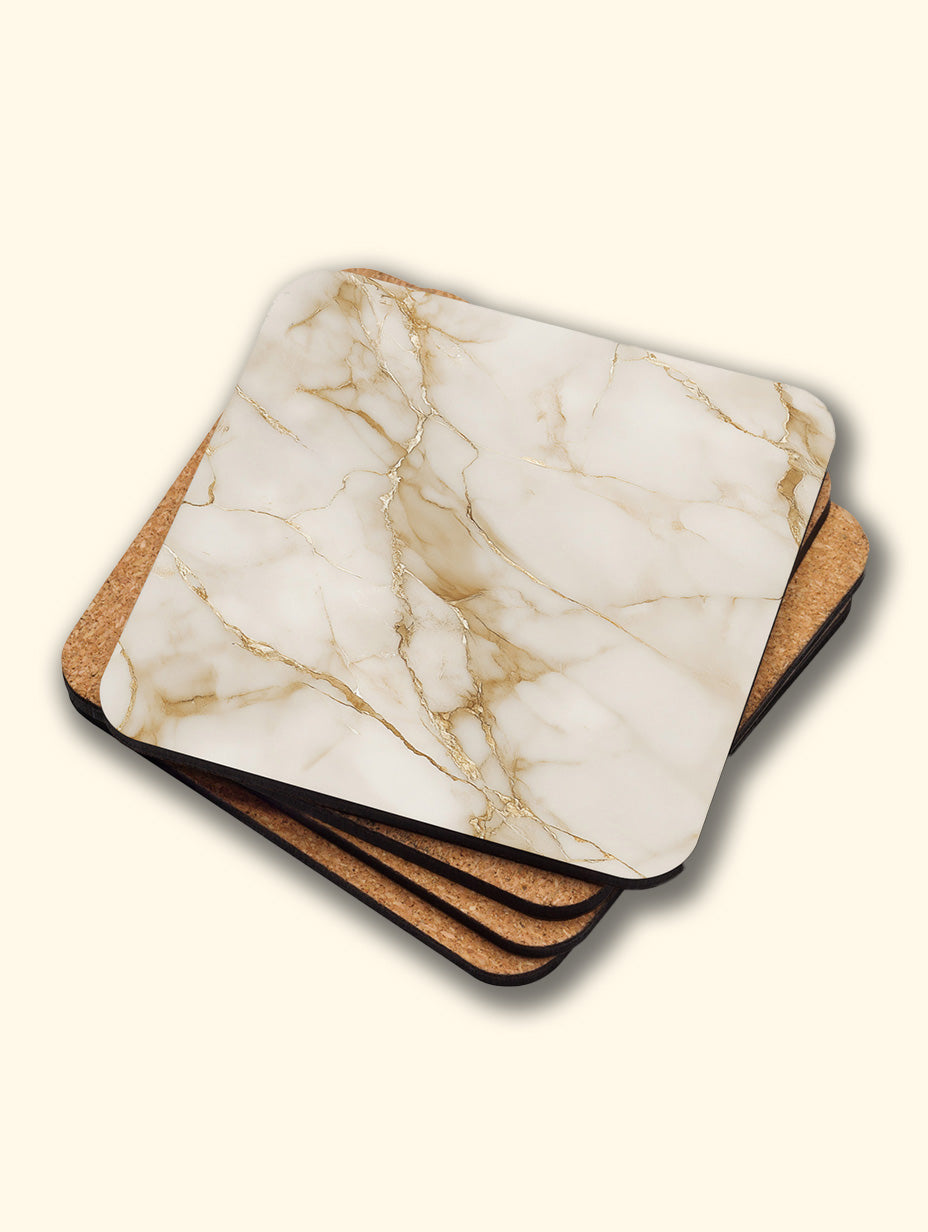 Cream Gold Marble Coaster Set with Gold Detail – Luxury Cork Coasters (Set of 4)