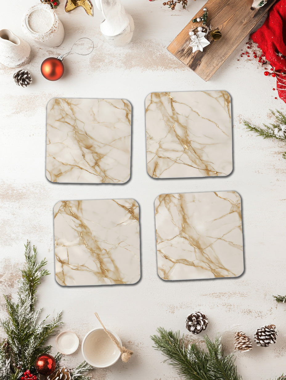 Cream Gold Marble Coaster Set with Gold Detail – Luxury Cork Coasters (Set of 4)