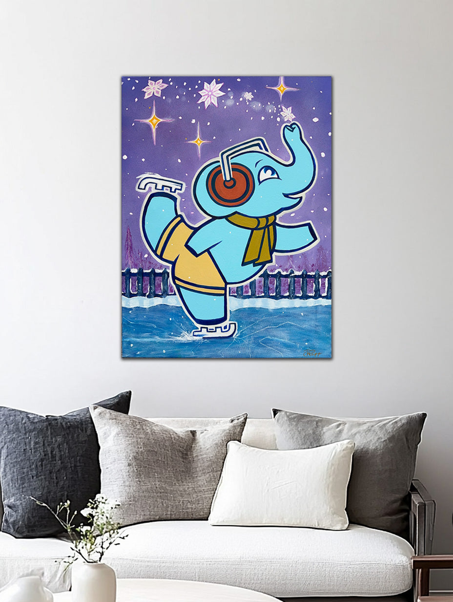 Elephant Art – Winter Ice Skater Original Canvas Painting