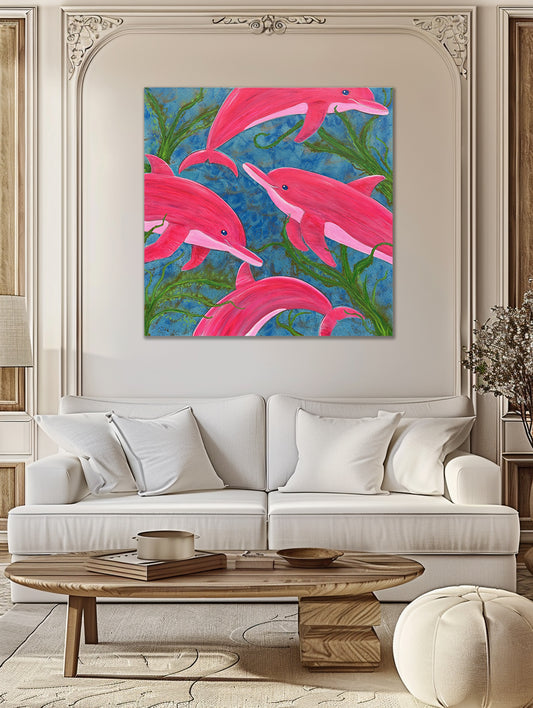 Curious Dolphins Art – Bold Colors Original Canvas Painting