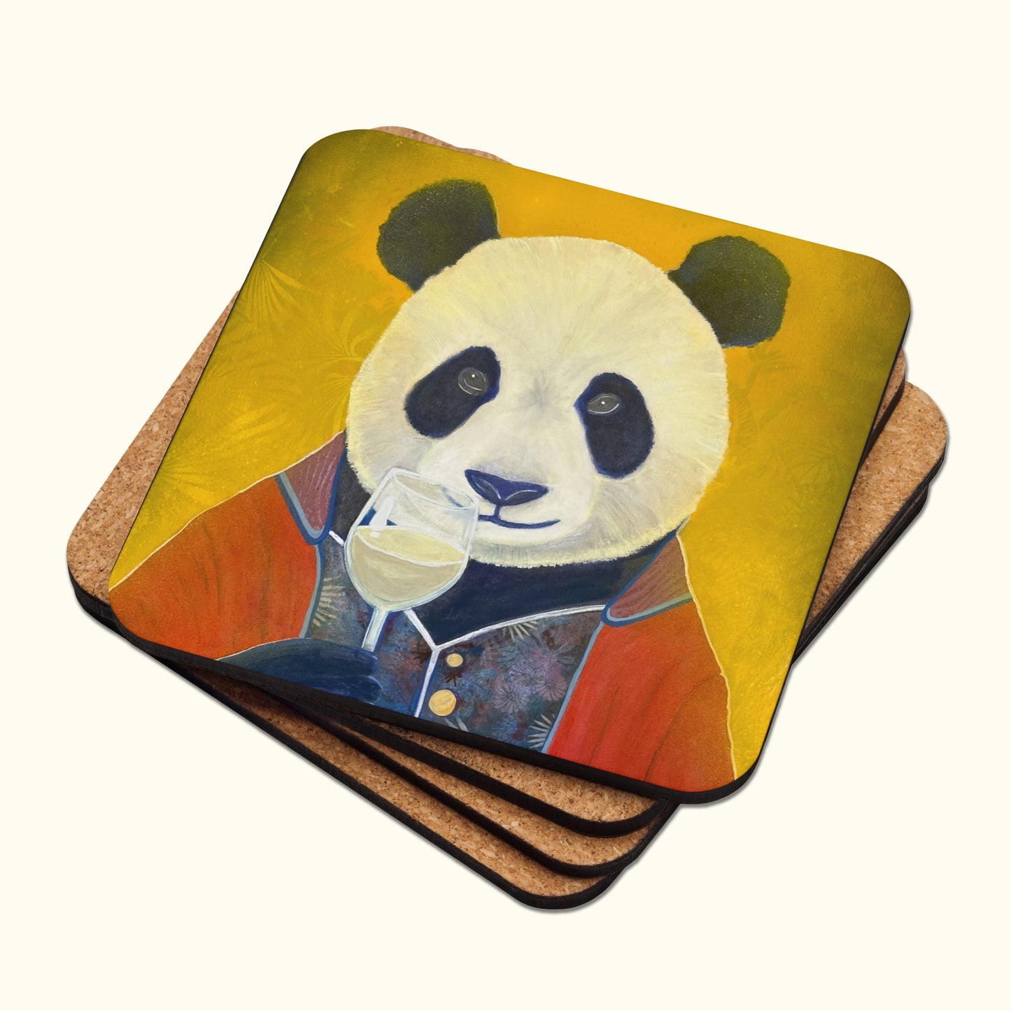 Posavasos de corcho artístico con forma de panda y diseño de panda color champán