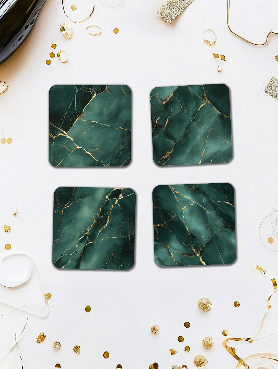 Green Elegance Gold Marble Coaster Set with Gold Detail – Luxury Cork Coasters (Set of 4)