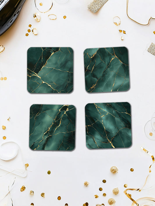 Green Elegance Gold Marble Coaster Set with Gold Detail – Luxury Cork Coasters (Set of 4)