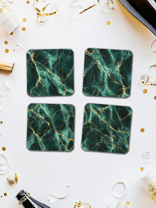 Green Gold Marble Coaster Set with Gold Detail – Luxury Cork Coasters (Set of 4)