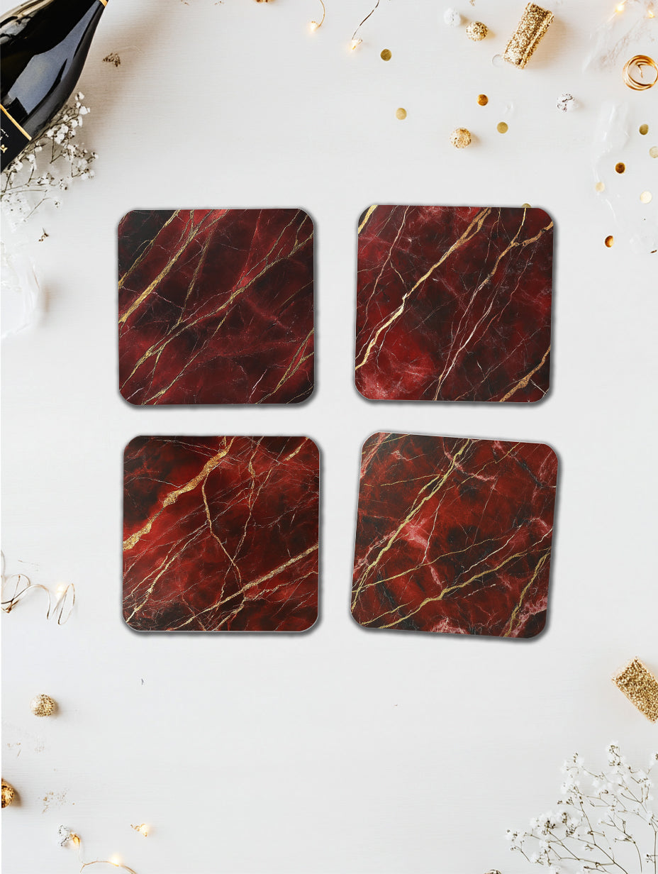 Rosso Levanto Red Marble Coaster Set with Gold Detail – Luxury Cork Coasters (Set of 4)