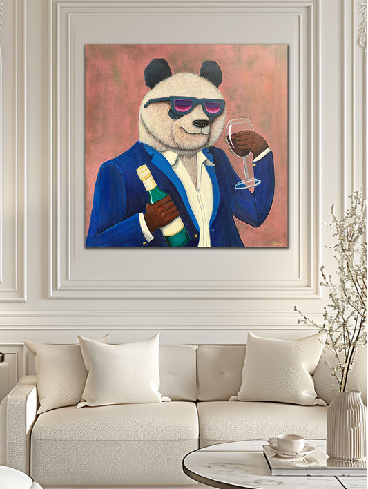 Panda Art – Pintura original sobre lienzo Sipping in Style