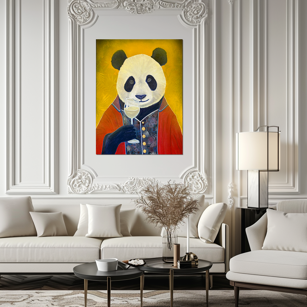 Verspielte Panda-Kunst – Champagner-Panda Original Leinwandgemälde