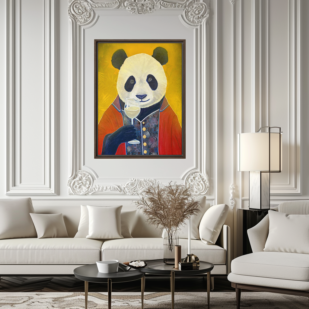 Gerahmte Panda-Kunst – Champagner-Panda, kräftige Farben, Leinwanddruck