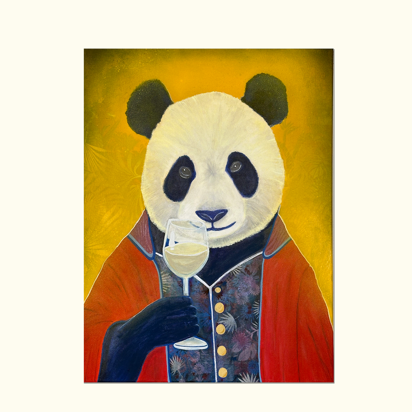 Verspielte Panda-Kunst – Champagner-Panda Original Leinwandgemälde