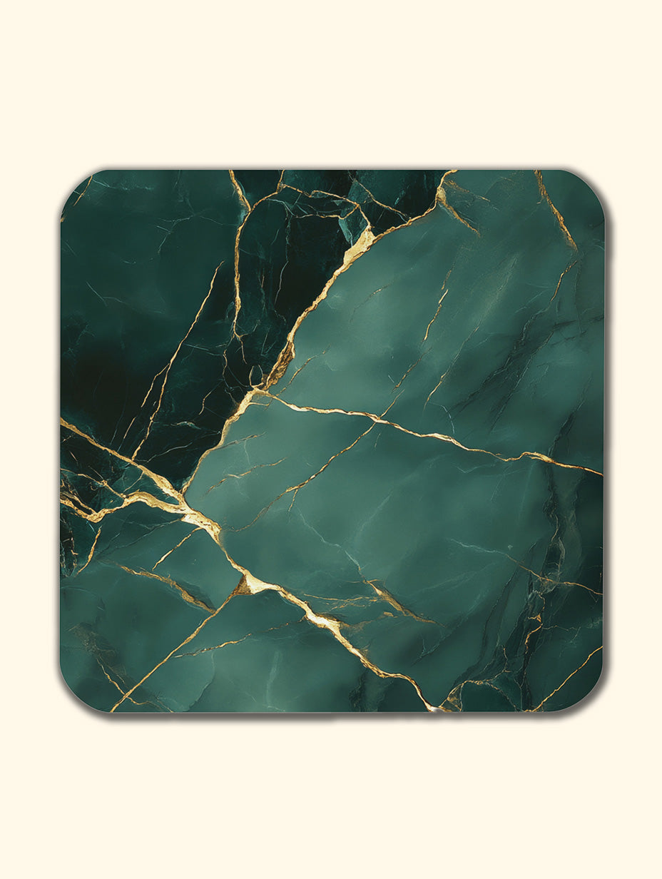 Green Elegance Gold Marble Coaster Set with Gold Detail – Luxury Cork Coasters (Set of 4)