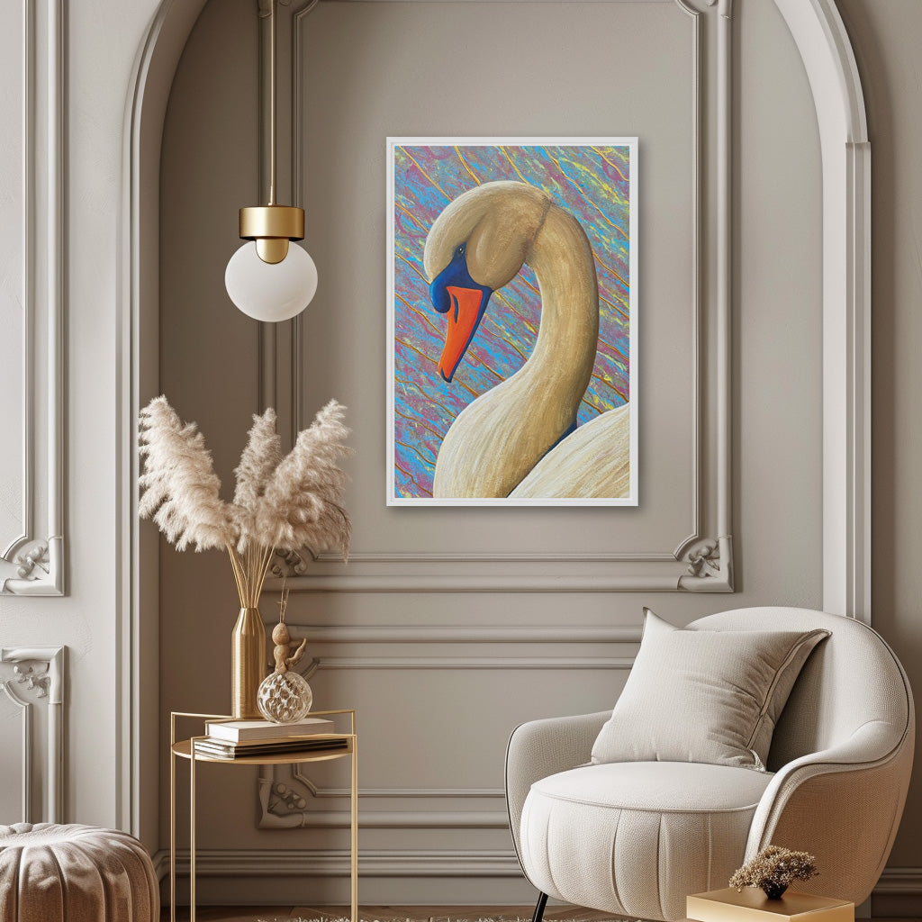 Arte de cisne enmarcado: lienzo con colores llamativos y elegancia del cisne