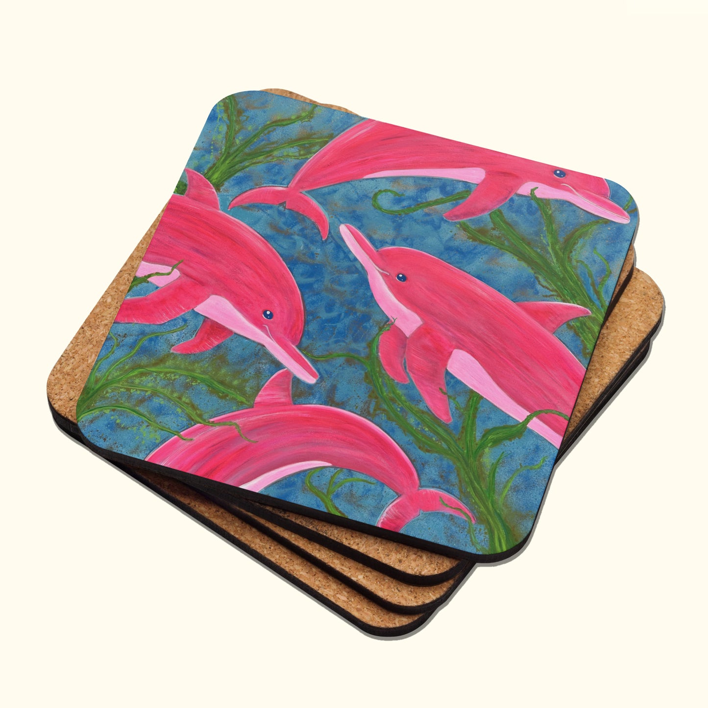 Dolphins Coaster – Curious Dolphins, Artistic Cork Coaster