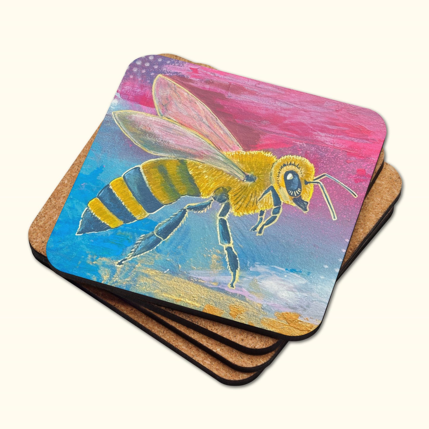 Posavasos de abeja – Golden Vice, posavasos artístico de corcho