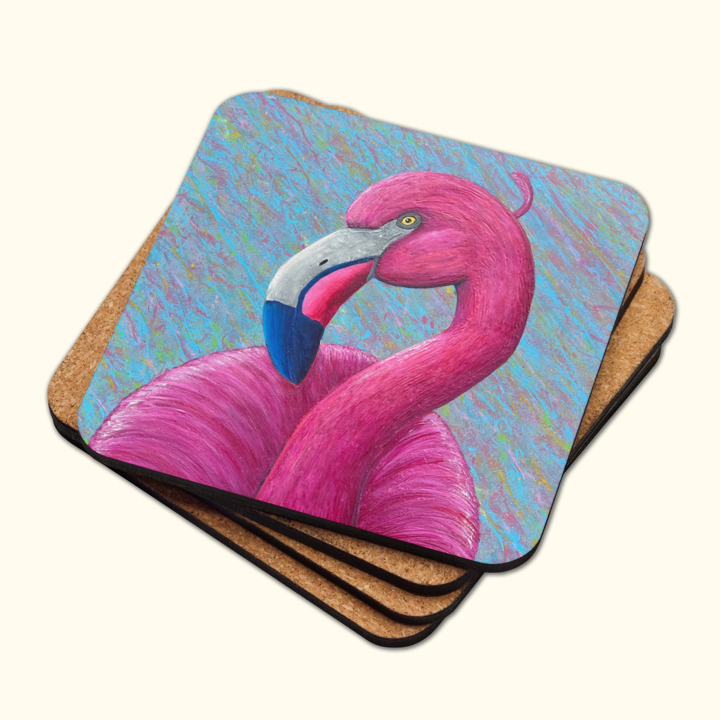 Flamingo-Untersetzer – Flamenco der Farben, künstlerischer Korkuntersetzer