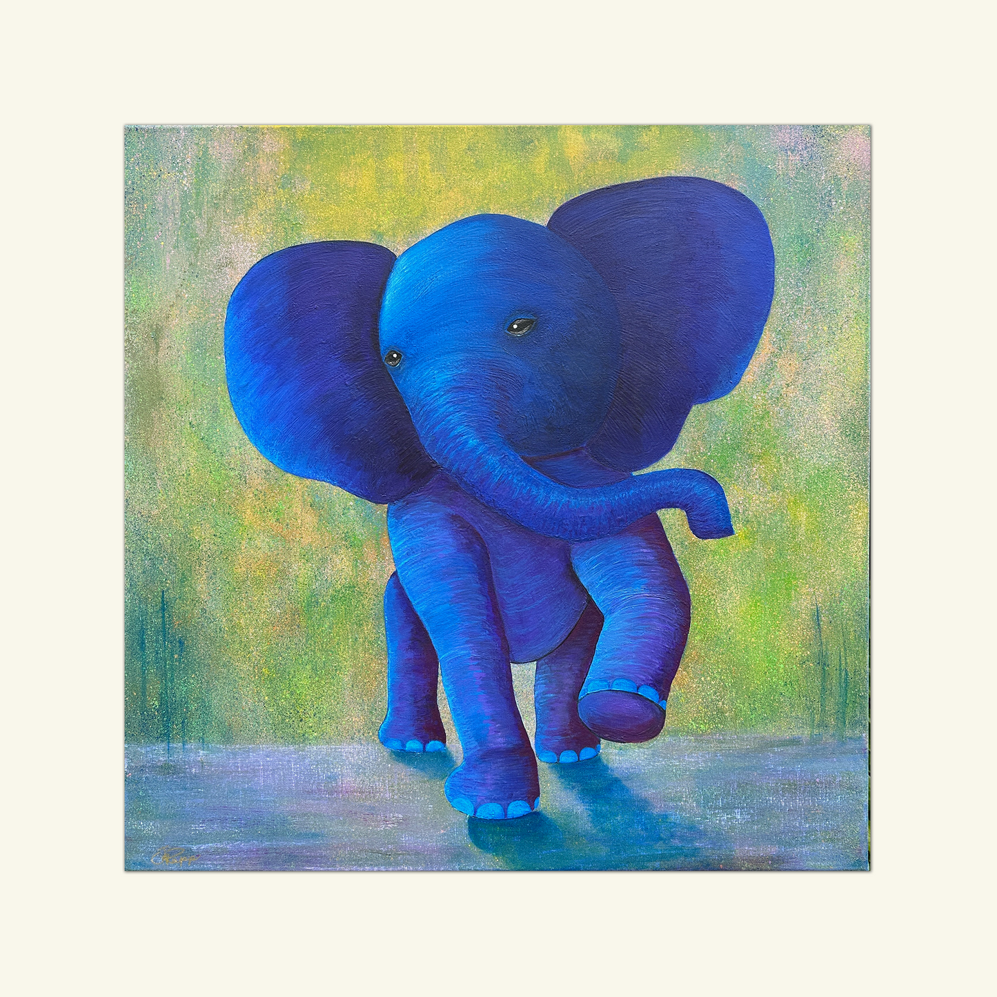 Arte de elefante bebé juguetón: pintura original en lienzo del niño interior