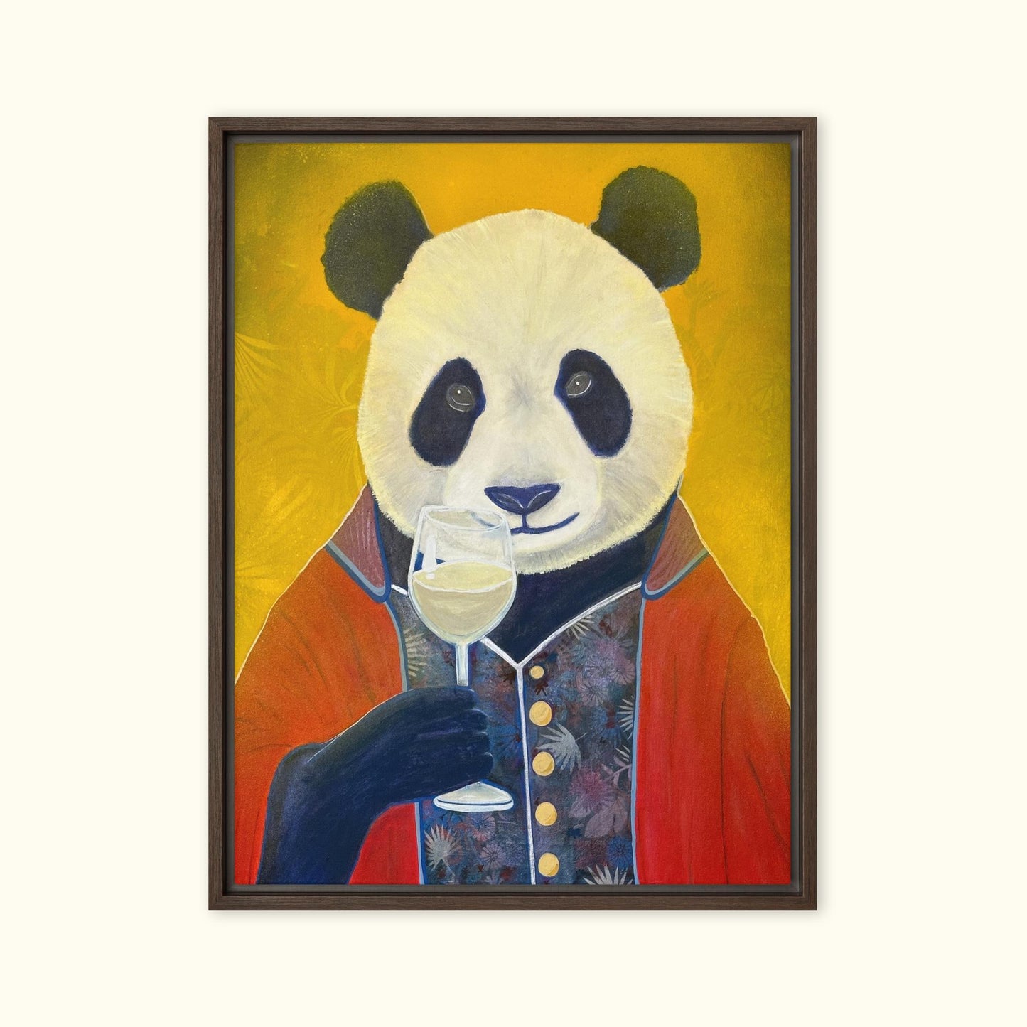 Gerahmte Panda-Kunst – Champagner-Panda, kräftige Farben, Leinwanddruck