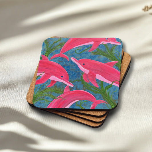 Dolphins Coaster – Curious Dolphins, Artistic Cork Coaster